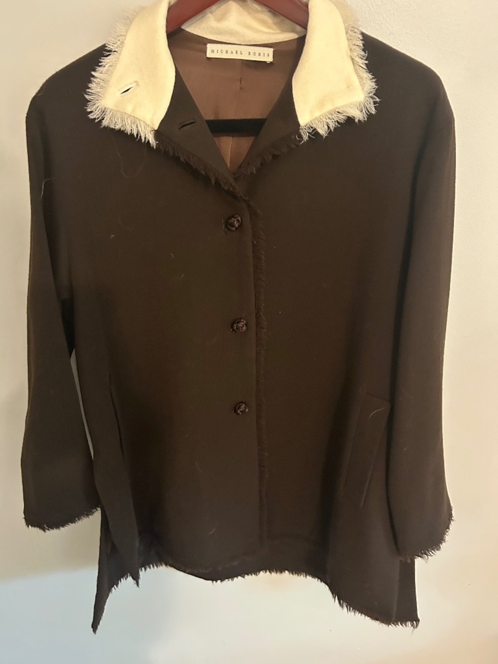 Michael Boris Brown Designer Jacket with White Fringe Collar